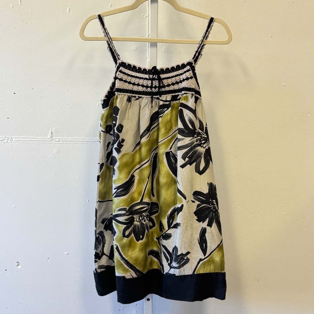 Y2K BCBGMAXAZRIA Floral Silk Crochet Trim‎ Mini Dress Lime Green Black Medium